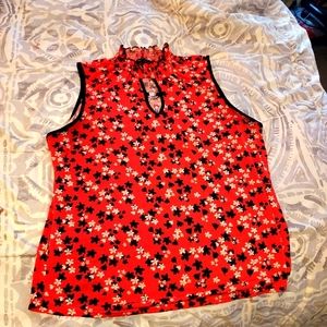 Womens large sleeveless top red with white and black floral